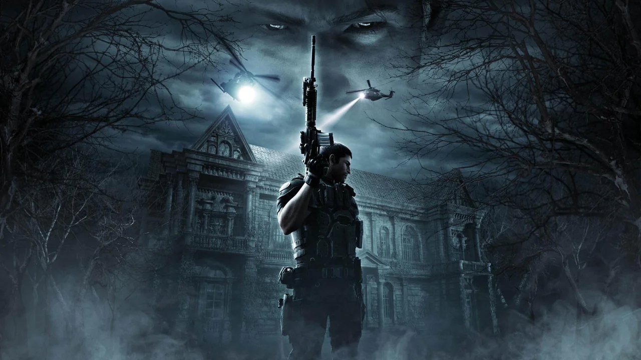 Una imagen promocional oscura y atmosférica que muestra a Chris Redfield, protagonista de Resident Evil, equipado con equipo táctico y sosteniendo un rifle, frente a una mansión gótica bajo un cielo tormentoso. Helicópteros con focos iluminan la escena, mientras un par de ojos ominosos observan desde las nubes, capturando la esencia de terror y acción que define la franquicia y la exitosa película de 2026.