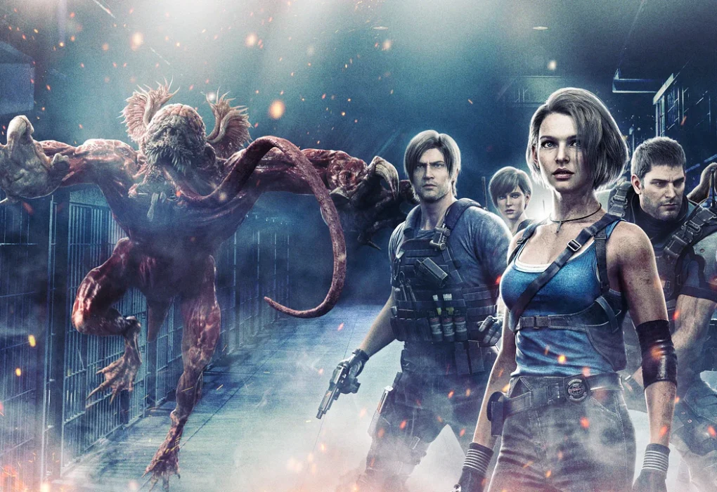 Promotional art for the Resident Evil franchise showing characters Leon, Jill, Chris, and Claire confronting a Licker creature in a dark facility, representing the cinematic adaptation.