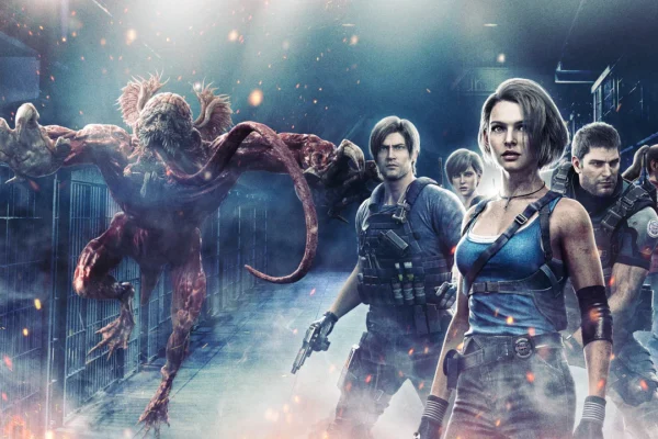Promotional art for the Resident Evil franchise showing characters Leon, Jill, Chris, and Claire confronting a Licker creature in a dark facility, representing the cinematic adaptation.