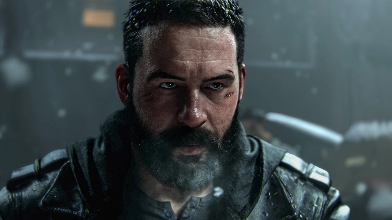 Primer plano de un soldado barbudo con cicatrices faciales y chaqueta oscura, que recuerda al Capitán Price de Call of Duty: Modern Warfare 4, mirando fijamente con una expresión intensa y sombría.