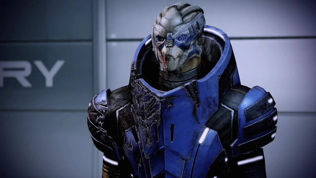 Garrus Vakarian con su armadura táctica dañada y cicatrices visibles, representando el impacto emocional del cierre de BioWare en los seguidores de Mass Effect.