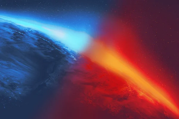 Arte conceptual de la atmósfera de un planeta en el espacio con un efecto visual de impacto energético, utilizado para representar el universo de Mass Effect tras las noticias del cierre de BioWare.