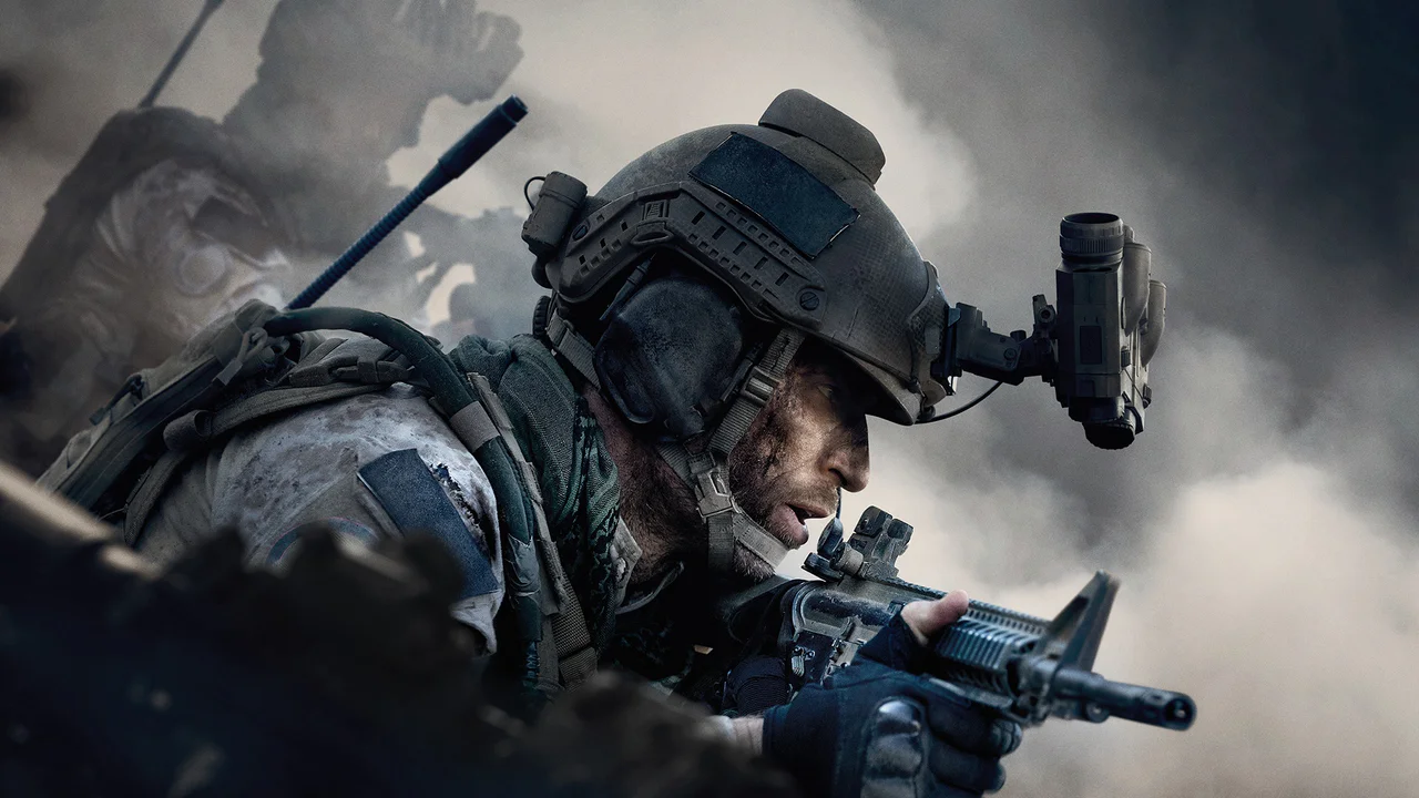 Soldado de fuerzas especiales en posición de combate con equipo táctico completo y visión nocturna en un entorno de guerra para Call of Duty: Modern Warfare 4.
