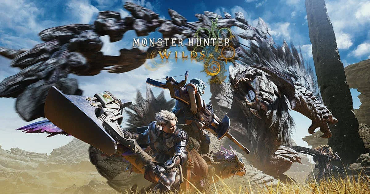Key art promocional de Monster Hunter Wilds con un cazador y su compañero Palico enfrentando a un monstruo masivo, ilustrando el esperado lanzamiento del título para Nintendo Switch 2.