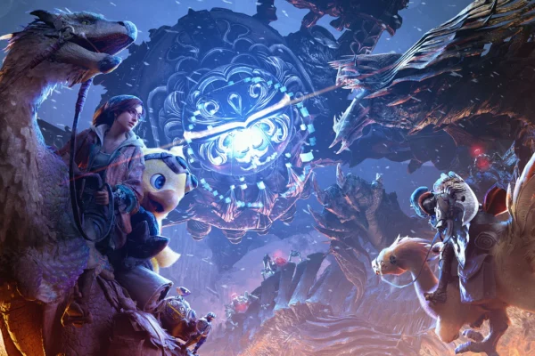 Una cazadora y su Palico montan una gran criatura emplumada, mirando hacia un imponente dragón alado en un entorno místico con una estructura azul brillante. Esta espectacular imagen promocional representa la ambición visual y la escala de las batallas en Monster Hunter Wilds, destacando los desafíos técnicos de su adaptación a la Nintendo Switch 2.