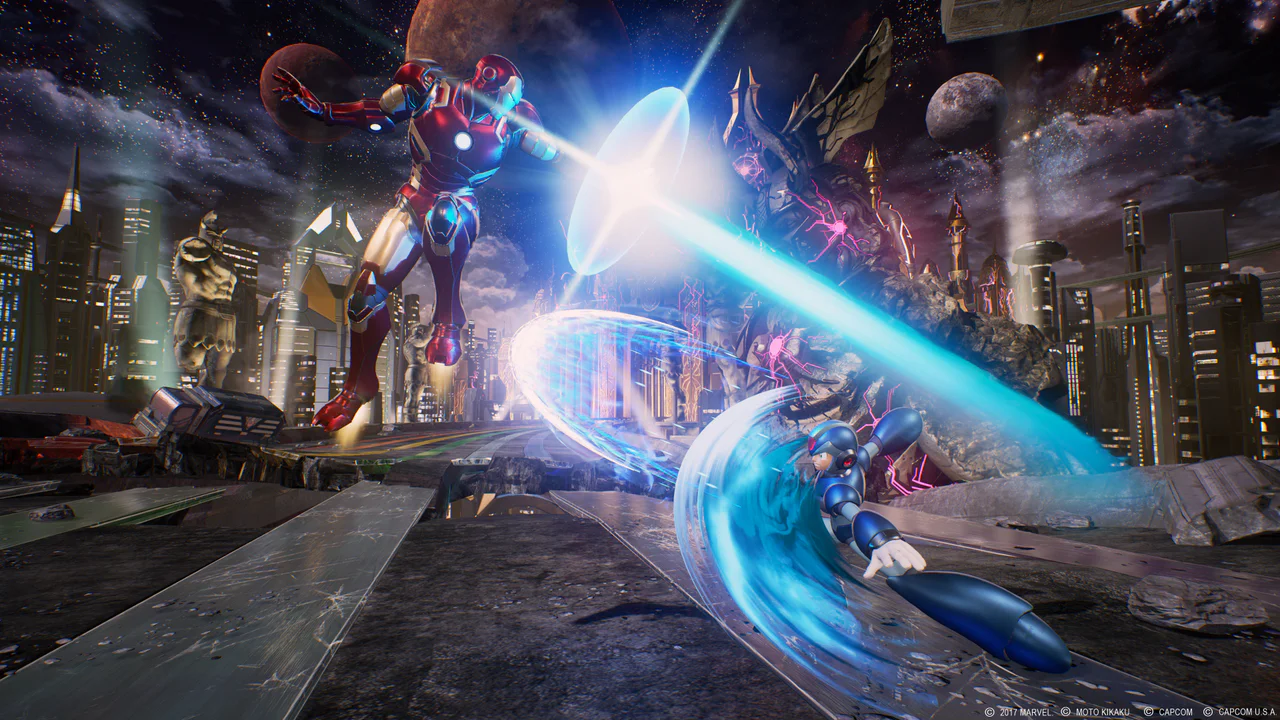 Una escena de combate dinámico del videojuego Marvel vs. Capcom: Infinite, donde Iron Man lanza un ataque de energía mientras Mega Man X responde con un escudo giratorio. Esta imagen ilustra la riqueza del catálogo de juegos de Capcom, asociados al servicio Capcom ID.