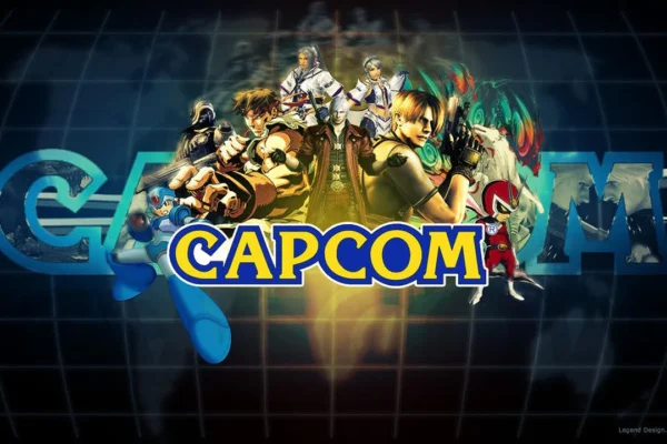 Logotipo corporativo de Capcom rodeado de personajes icónicos de sus videojuegos más famosos como parte de un arte promocional de la compañía.