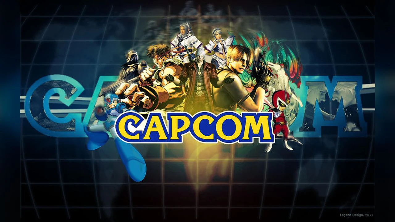 Logotipo corporativo de Capcom rodeado de personajes icónicos de sus videojuegos más famosos como parte de un arte promocional de la compañía.