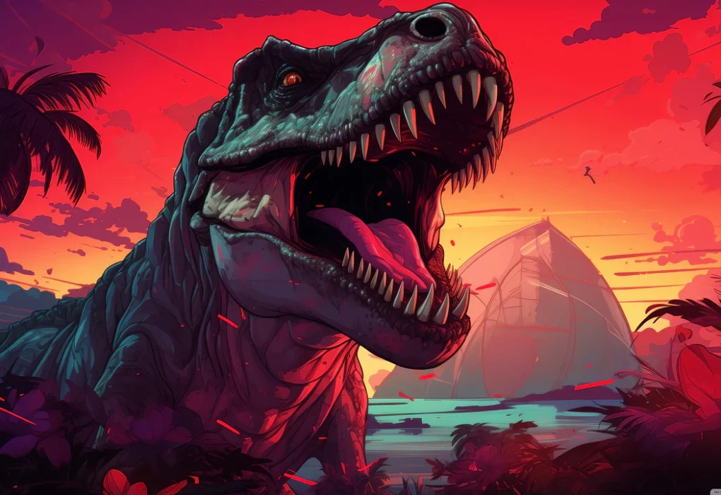 Un Tyrannosaurus Rex estilizado, con la boca abierta y dientes prominentes, emerge de un paisaje tropical bañado por un intenso atardecer rojo, simbolizando la fuerza del "Proyecto REX" de Capcom y la IA en el RE Engine.