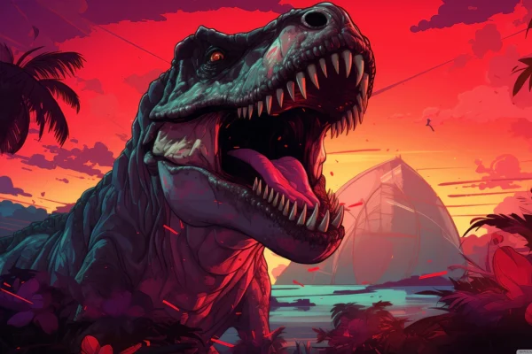 Un Tyrannosaurus Rex estilizado, con la boca abierta y dientes prominentes, emerge de un paisaje tropical bañado por un intenso atardecer rojo, simbolizando la fuerza del "Proyecto REX" de Capcom y la IA en el RE Engine.