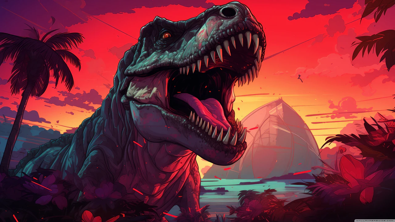 Un Tyrannosaurus Rex estilizado, con la boca abierta y dientes prominentes, emerge de un paisaje tropical bañado por un intenso atardecer rojo, simbolizando la fuerza del "Proyecto REX" de Capcom y la IA en el RE Engine.