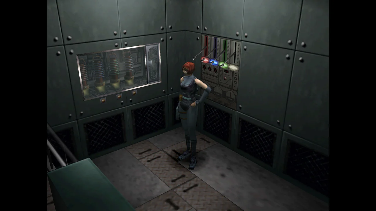 Regina de Dino Crisis explorando una sala de control industrial con paneles eléctricos, reflejando el diseño clásico de escenarios del juego.