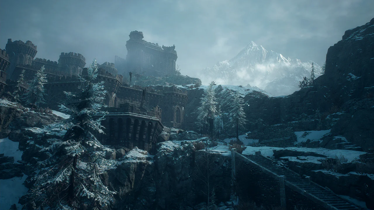 Castillo medieval fortificado entre montañas nevadas en Dragon's Dogma 2: Dark Arisen.
