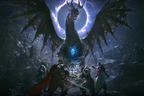 Grupo de aventureros se prepara para combatir a un dragón colosal con energía azul en la expansión Dragon's Dogma 2: Dark Arisen.