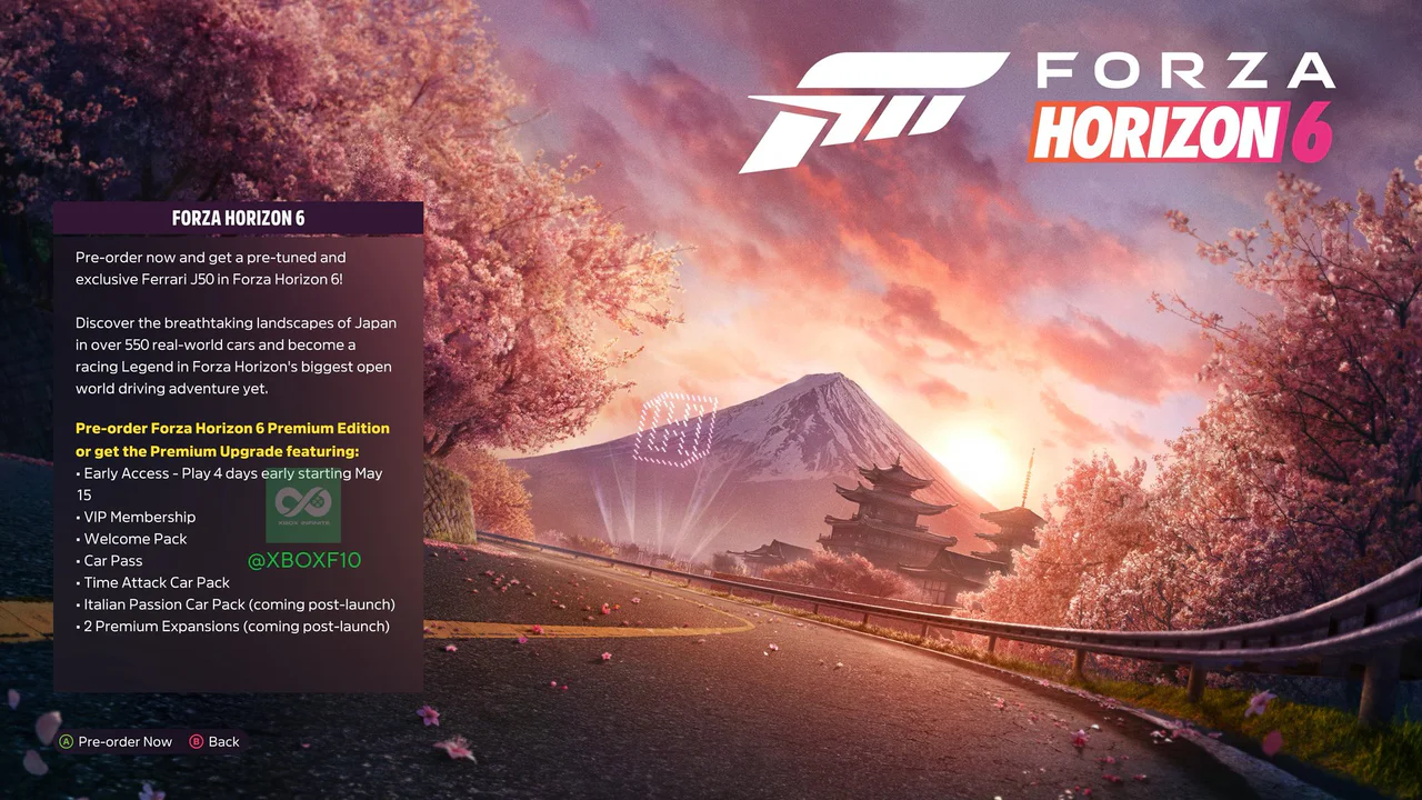 Imagen promocional de Forza Horizon 6 mostrando un pintoresco paisaje japonés al atardecer con el Monte Fuji, una pagoda y cerezos en flor junto a una carretera. Se superpone un panel de UI con detalles de la pre-orden y las características de la Edición Premium.