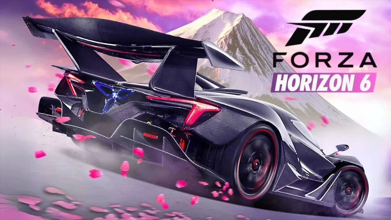 Key art for Forza Horizon 6 showcasing a black supercar driving against a backdrop of Mount Fuji and pink cherry blossoms.