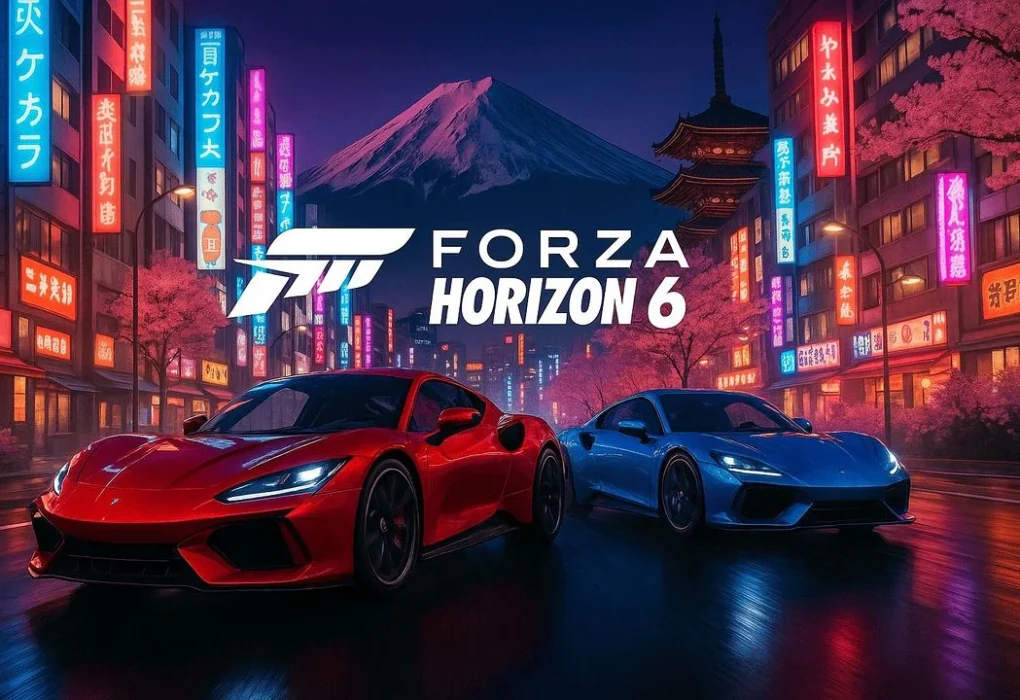 Key art for Forza Horizon 6 showing two sports cars in a vibrant Japanese city at night under Mount Fuji, illustrating the game's multi-platform announcement.