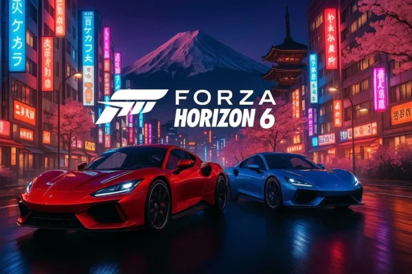 Key art for Forza Horizon 6 showing two sports cars in a vibrant Japanese city at night under Mount Fuji, illustrating the game's multi-platform announcement.
