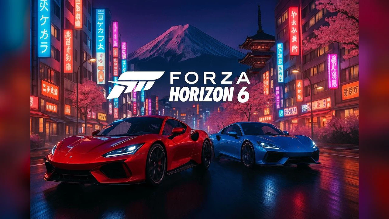 Key art for Forza Horizon 6 showing two sports cars in a vibrant Japanese city at night under Mount Fuji, illustrating the game's multi-platform announcement.