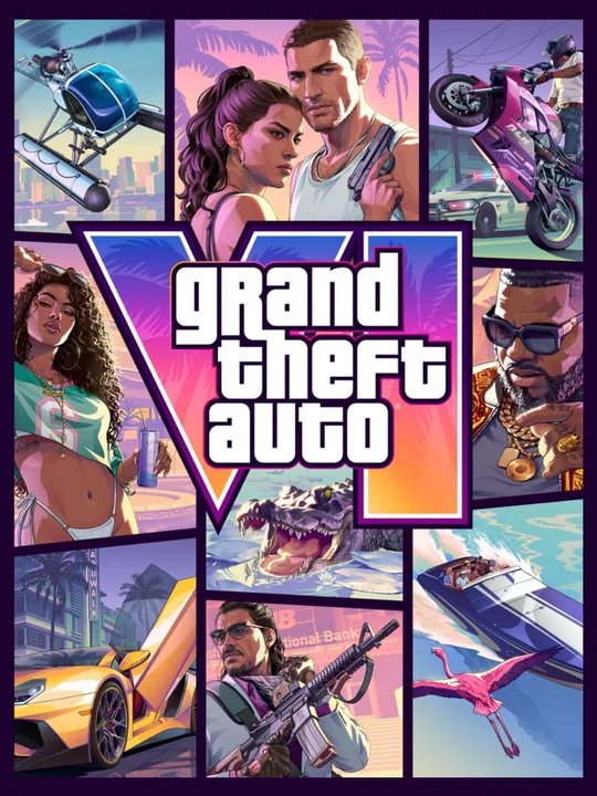 Cartel promocional oficial de Grand Theft Auto VI que muestra a los protagonistas y elementos icónicos de Vice City, ilustrando la polémica edición especial del juego.