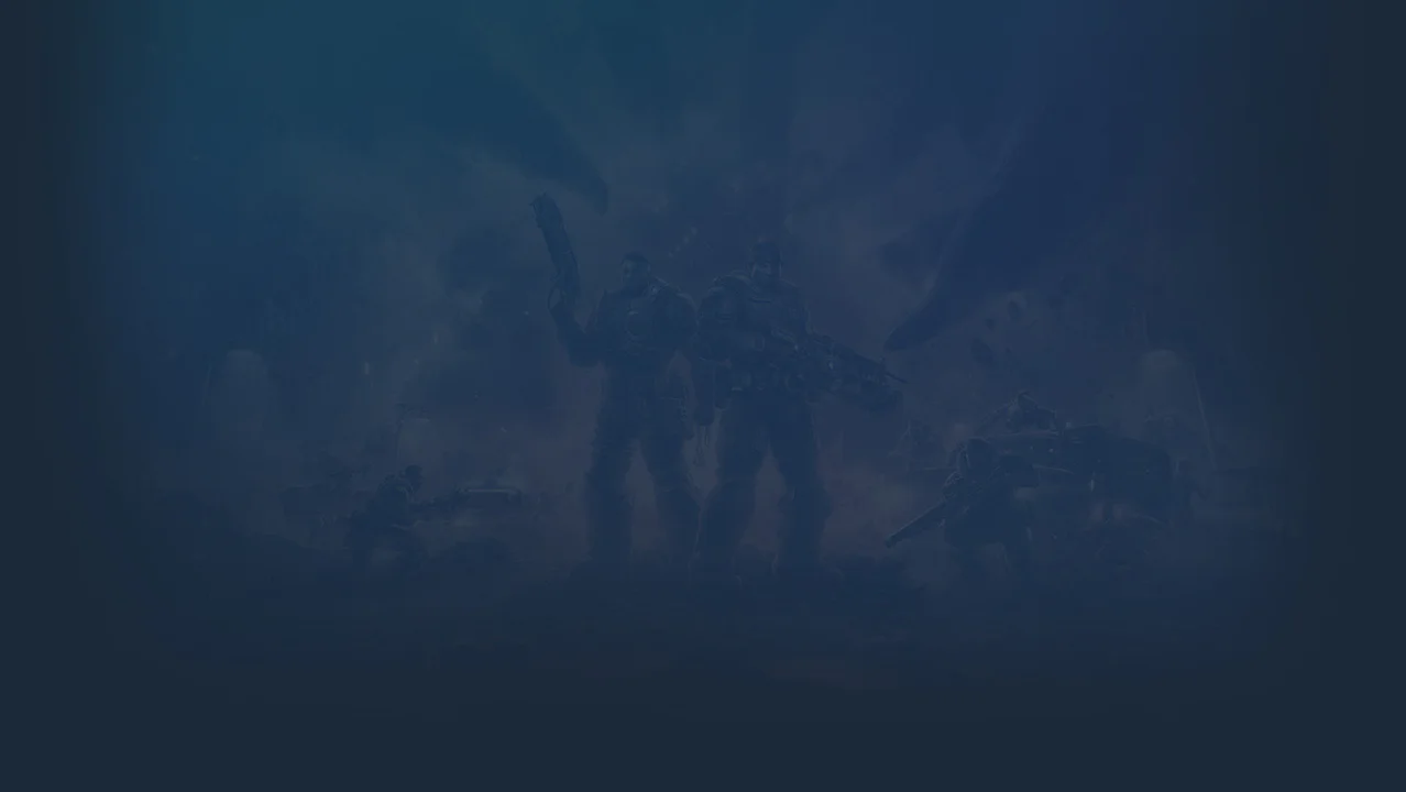 Imagen promocional oscura de Gears of War: E-Day, mostrando a Marcus Fenix con un Lancer y Dominic Santiago con otra arma, ambos con armadura COG en medio de ruinas urbanas bajo estructuras orgánicas gigantescas de los Locust.
