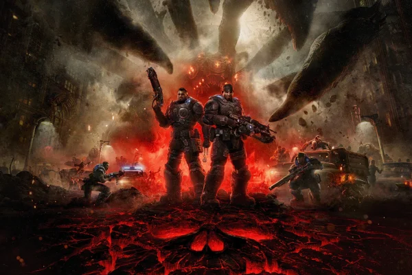 Dos soldados C.O.G., Marcus Fenix y Dominic Santiago, armados y equipados con armadura pesada, se alzan sobre un paisaje urbano devastado con grietas de lava y un enorme Locust acechando en el cielo, ilustrando la brutalidad del Día de la Emergencia en Gears of War: E-Day.