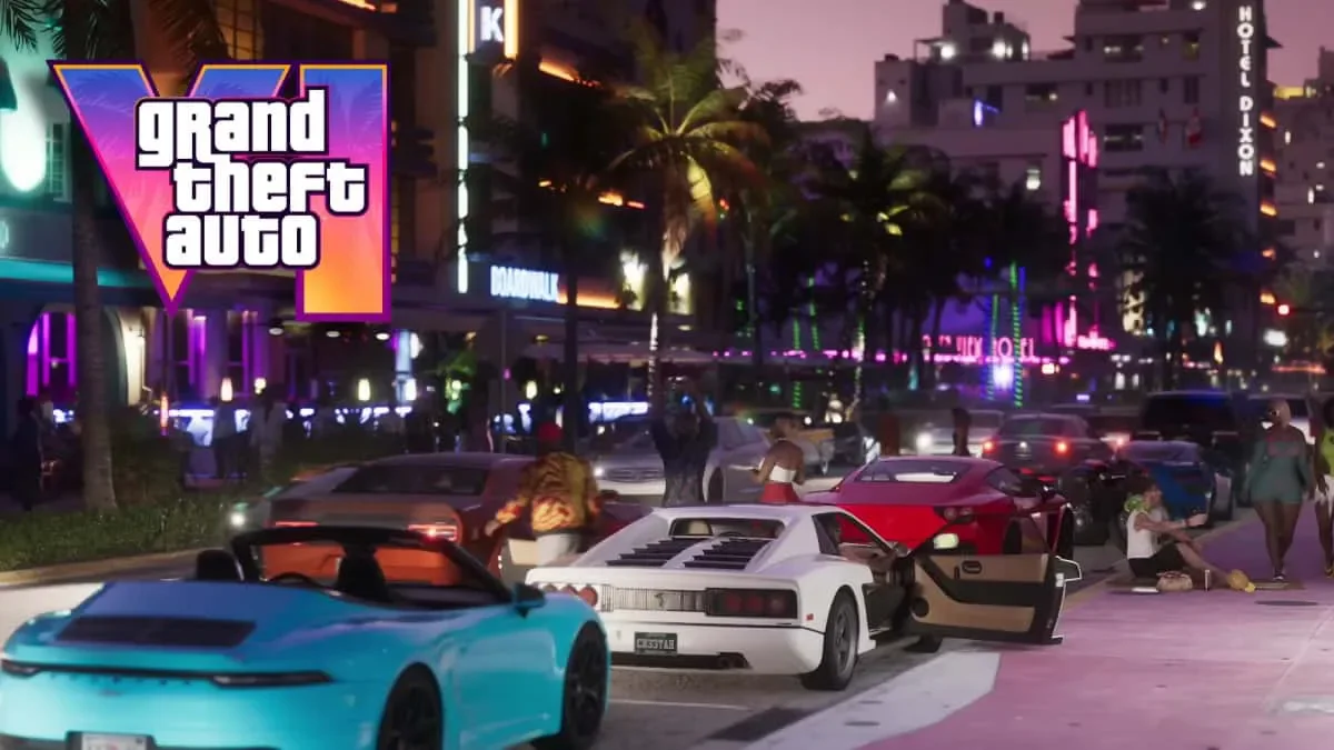 Vista nocturna del tráfico urbano y la arquitectura icónica de Vice City en Grand Theft Auto VI, capturando la atmósfera vibrante del juego.