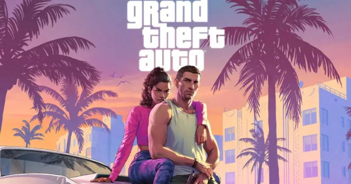 Lucia y Jason, los protagonistas de Grand Theft Auto VI, aparecen en el arte oficial del juego frente a un paisaje tropical bajo el cielo de Vice City.