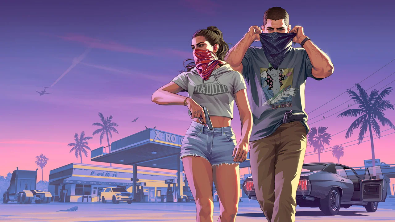 Los protagonistas de Grand Theft Auto VI, Lucia y Jason, se cubren el rostro con pañuelos mientras caminan armados, con una gasolinera y un cielo crepuscular de fondo, ilustrando la atmósfera del mundo abierto del juego.
