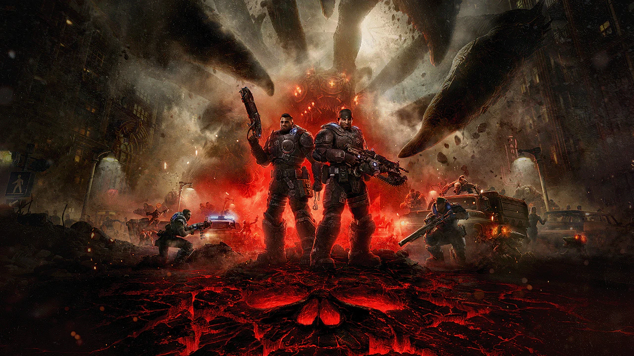 Arte promocional épico de Gears of War: E-Day con soldados COG enfrentándose a la amenaza Locust bajo un cielo apocalíptico.