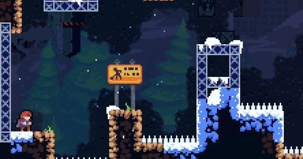 Madeline, la protagonista de Celeste, se encuentra frente a un letrero de advertencia en un nivel nevado lleno de plataformas y obstáculos peligrosos.