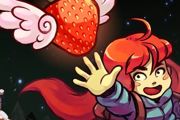 Madeline de Celeste intentando alcanzar una fresa alada en el cielo nocturno, representando el arte promocional del videojuego independiente de Maddy Makes Games.
