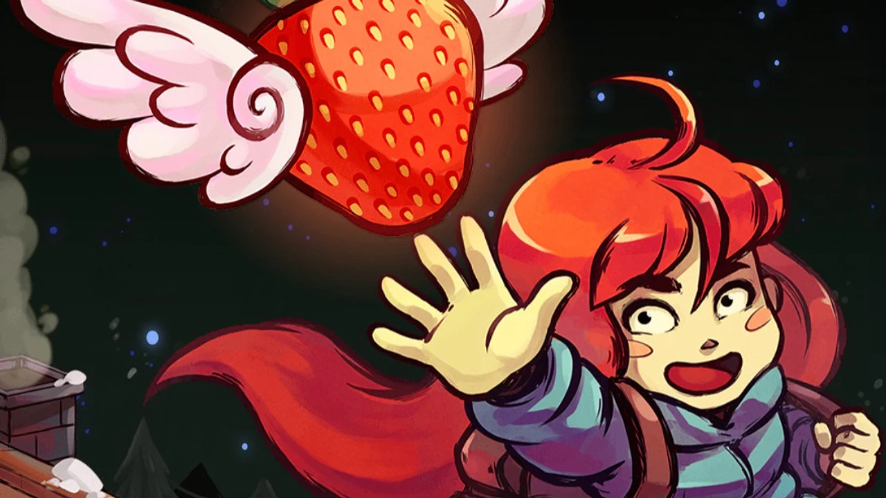 Madeline de Celeste intentando alcanzar una fresa alada en el cielo nocturno, representando el arte promocional del videojuego independiente de Maddy Makes Games.