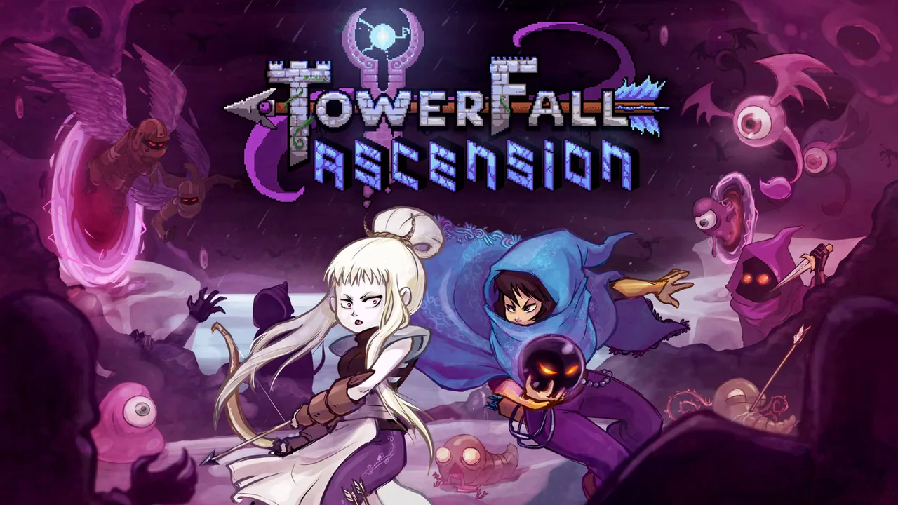 Portada del videojuego TowerFall Ascension, con dos personajes arqueros en un escenario oscuro y místico luchando contra criaturas. La imagen ilustra TowerFall, uno de los títulos retirados de Xbox por Maddy Makes Games en apoyo al boicot pro-Palestina.