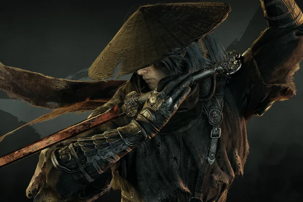 Un guerrero de Phantom Blade Zero con un sombrero cónico de paja y armadura oscura sostiene una espada larga y ensangrentada. La imagen captura el estilo de acción wuxia del anticipado RPG.