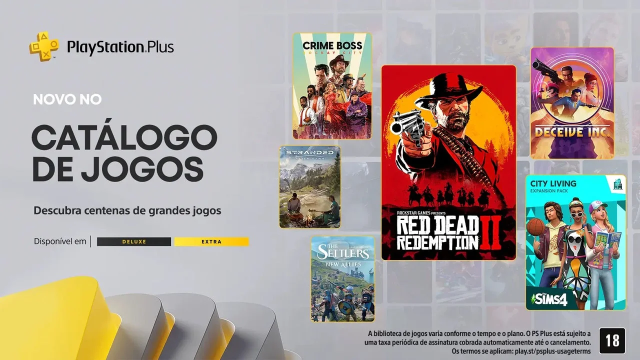 Banner oficial de PlayStation Plus con el nuevo catálogo de juegos que incluye títulos como Red Dead Redemption 2 y The Sims 4 para suscriptores Extra y Premium.