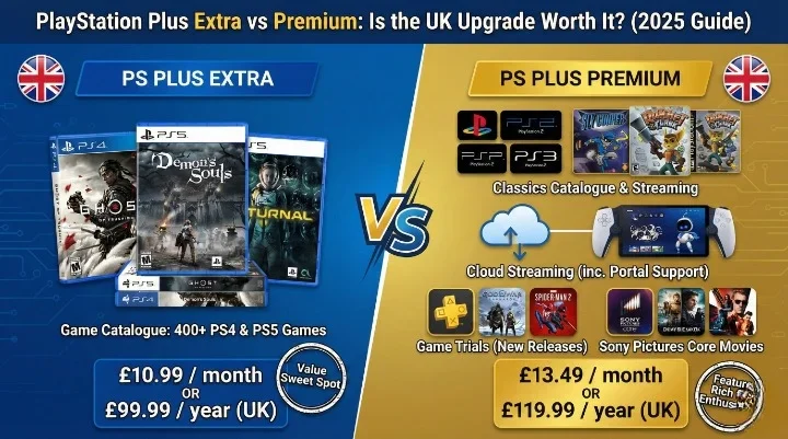 Imagen comparativa entre PlayStation Plus Extra y Premium que detalla el catálogo de juegos, streaming en la nube y beneficios de suscripción para usuarios del Reino Unido.