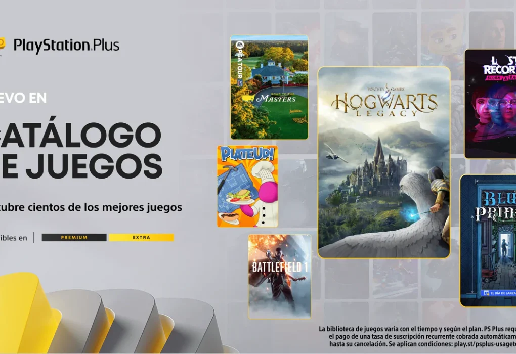 Póster promocional de PlayStation Plus mostrando el logo del servicio, el texto 'NUEVO EN CATÁLOGO DE JUEGOS' y las portadas de videojuegos destacados como Hogwarts Legacy, EA Sports PGA Tour Masters, PlateUp!, Lost Records: Bloom & Rage, Battlefield 1 y Blue Prince, junto a los niveles de suscripción Premium y Extra.