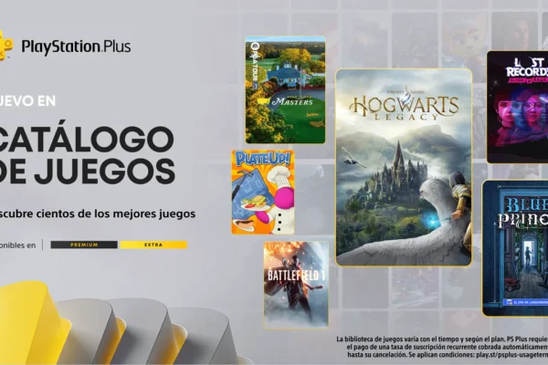 Póster promocional de PlayStation Plus mostrando el logo del servicio, el texto 'NUEVO EN CATÁLOGO DE JUEGOS' y las portadas de videojuegos destacados como Hogwarts Legacy, EA Sports PGA Tour Masters, PlateUp!, Lost Records: Bloom & Rage, Battlefield 1 y Blue Prince, junto a los niveles de suscripción Premium y Extra.