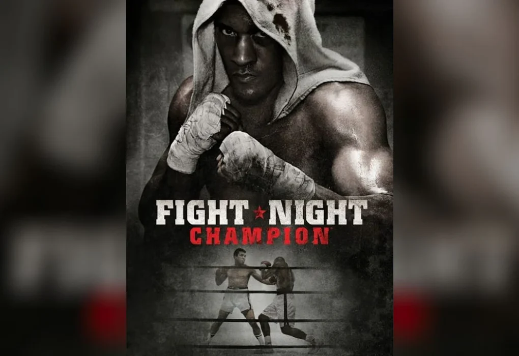 Portada oficial de Fight Night Champion con un boxeador encapuchado y vendas en las manos en primer plano, y una escena de combate en un ring de boxeo en la parte inferior, ilustrando el esperado regreso de la serie de EA Sports.