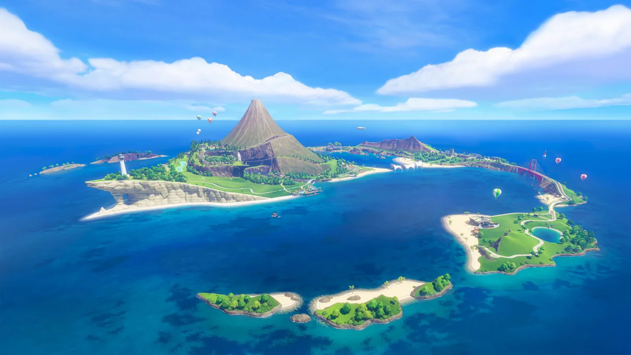 Vista panorámica de la Isla Wuhu de Nintendo Switch Sports Resort con su icónico volcán y paisajes costeros bajo un cielo soleado.