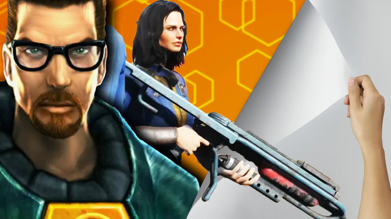 Montaje de Half-Life que muestra a Gordon Freeman en primer plano con gafas y barba, y a la derecha, una mano desvelando a una mujer que podría ser Alyx Vance con un rifle futurista, sobre un fondo naranja geométrico, sugiriendo el lanzamiento de un nuevo proyecto.