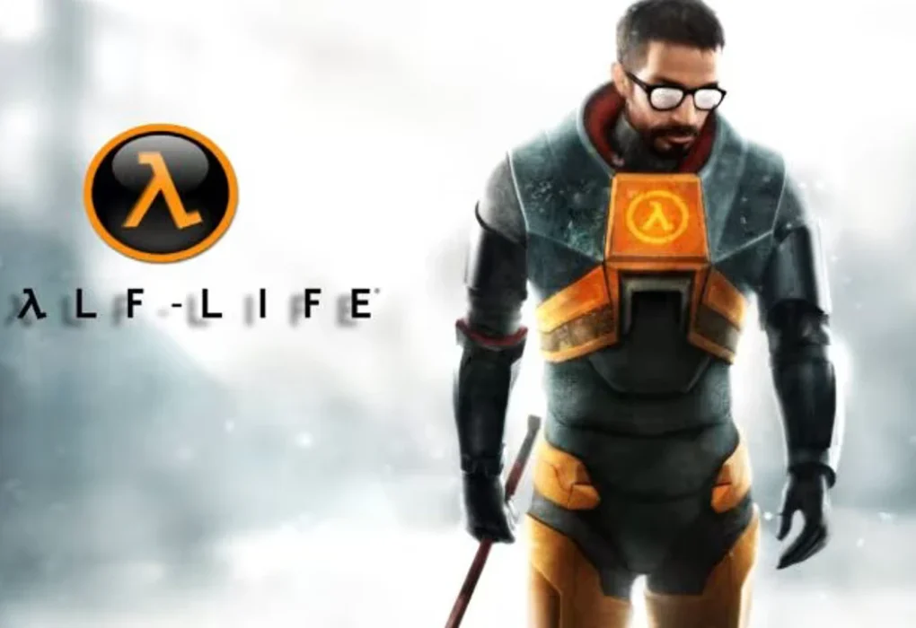 Gordon Freeman, el protagonista de Half-Life, viste su icónico traje HEV naranja y gris, sostiene una palanca y lleva gafas. A su izquierda, se muestra el logo de Half-Life con el símbolo Lambda, ilustrando el rumor sobre el nuevo proyecto 'HLX'.