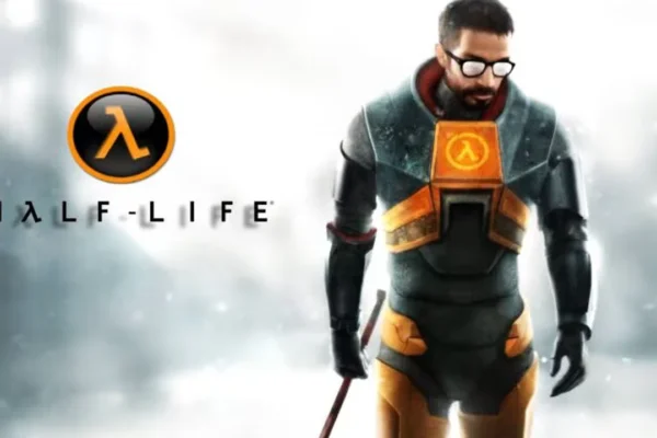 Gordon Freeman, el protagonista de Half-Life, viste su icónico traje HEV naranja y gris, sostiene una palanca y lleva gafas. A su izquierda, se muestra el logo de Half-Life con el símbolo Lambda, ilustrando el rumor sobre el nuevo proyecto 'HLX'.