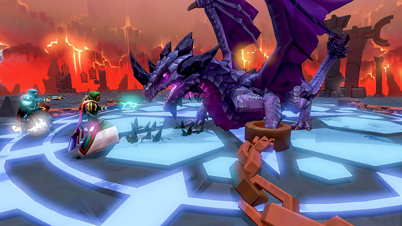 Jugadores enfrentándose a un dragón encadenado en una arena volcánica en RuneScape 4, demostrando los nuevos gráficos y efectos de combate de Unreal Engine.