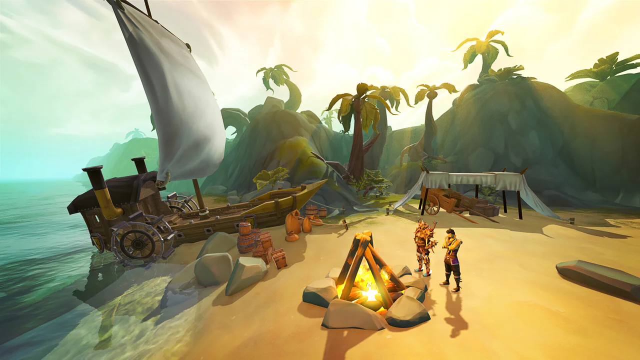Un vibrante escenario costero de RuneScape 4, con un barco de vela de madera encallado en una playa de arena, dos aventureros cerca de una hoguera y palmeras en un paisaje montañoso tropical.