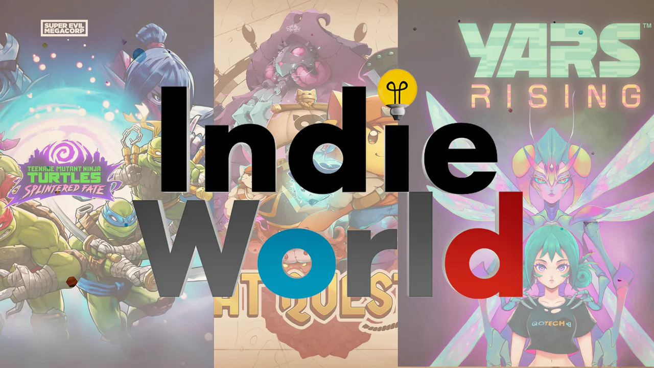 Texto 'Indie World' en negro y gris, con un icono de bombilla amarilla. De fondo, se aprecian artes promocionales de juegos indie como 'Teenage Mutant Ninja Turtles: Splintered Fate' y 'Yars Rising', ilustrando el tipo de contenido que se espera en el evento.