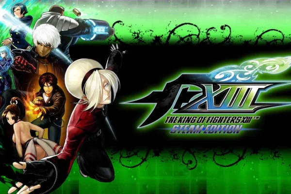 Arte promocional del videojuego The King of Fighters XIII Steam Edition, con múltiples personajes de lucha icónicos como Kyo Kusanagi y Mai Shiranui, destacando claramente el logo que incluye la mención 'Steam Edition', lo que lo asocia directamente a la plataforma.