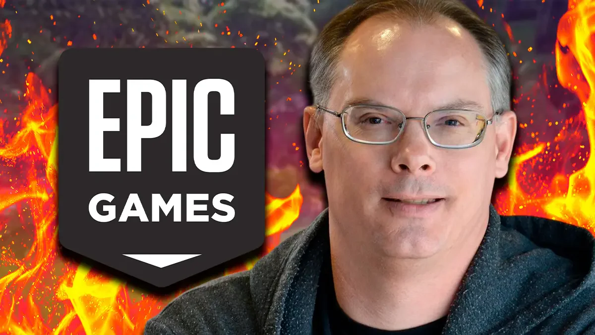 Tim Sweeney, CEO de Epic Games, junto al logo de su compañía sobre un fondo de fuego, ilustra la controversia sobre las políticas de IA de Steam.
