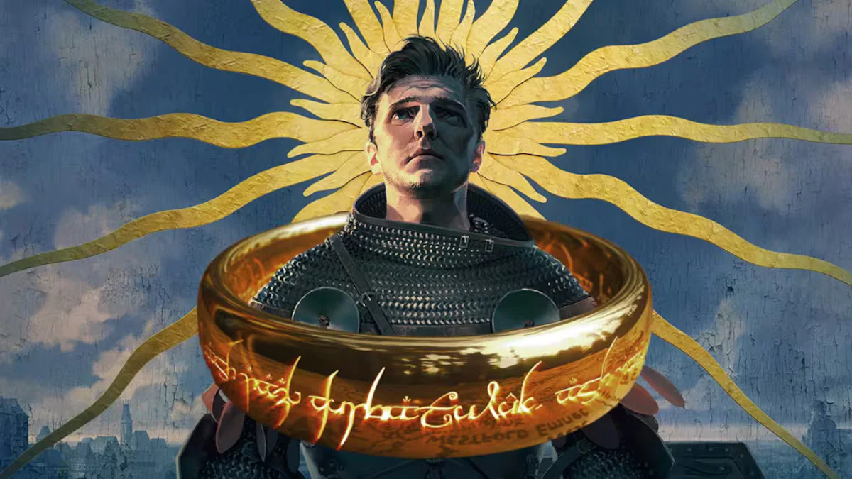 Ilustración de un personaje masculino con armadura, enmarcado por un sol dorado y el Anillo Único de El Señor de los Anillos con inscripciones en Lengua Negra, simbolizando el RPG de fantasía.